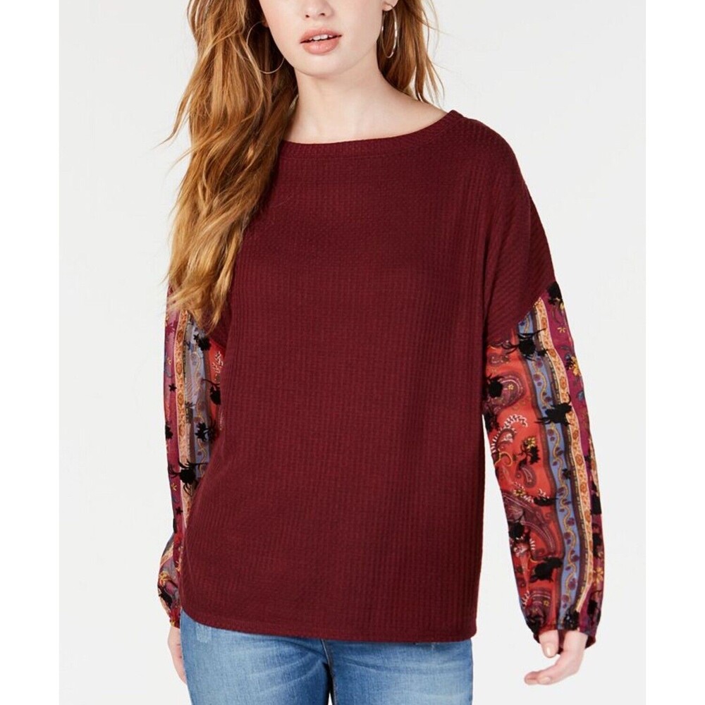 Gypsies & Moondust Size M Long Sleeve Waffle Knit Burgundy Boho Top